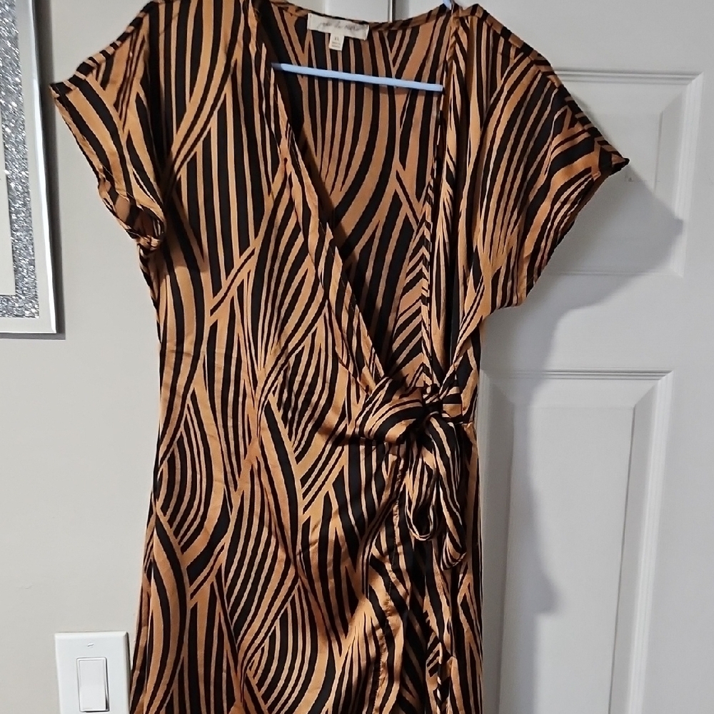Brown and Tan Asymmetrical Wrap Dress with Dolman Sleeves